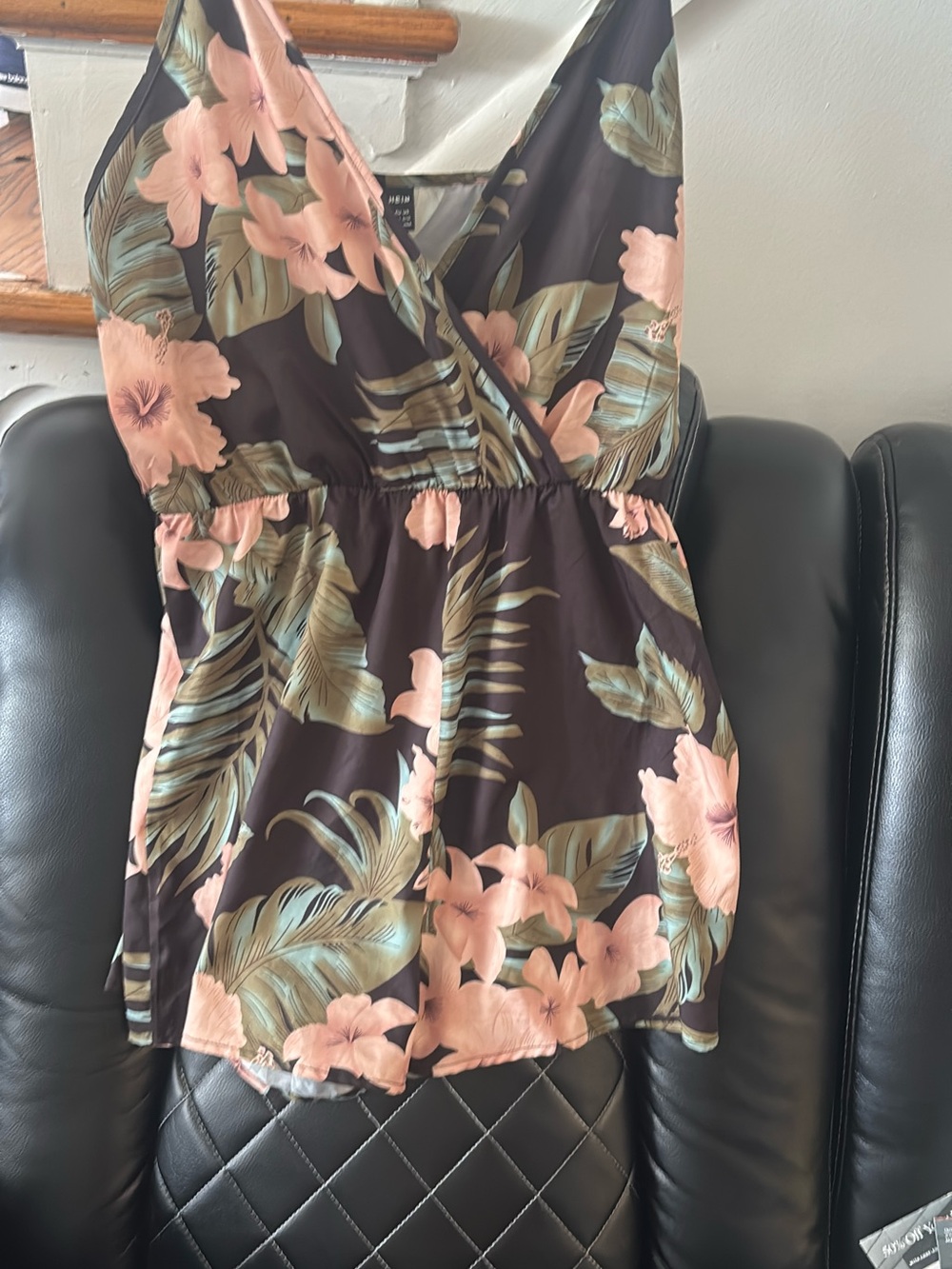 SHEIN Black Floral Wrap Romper with Peach Blooms